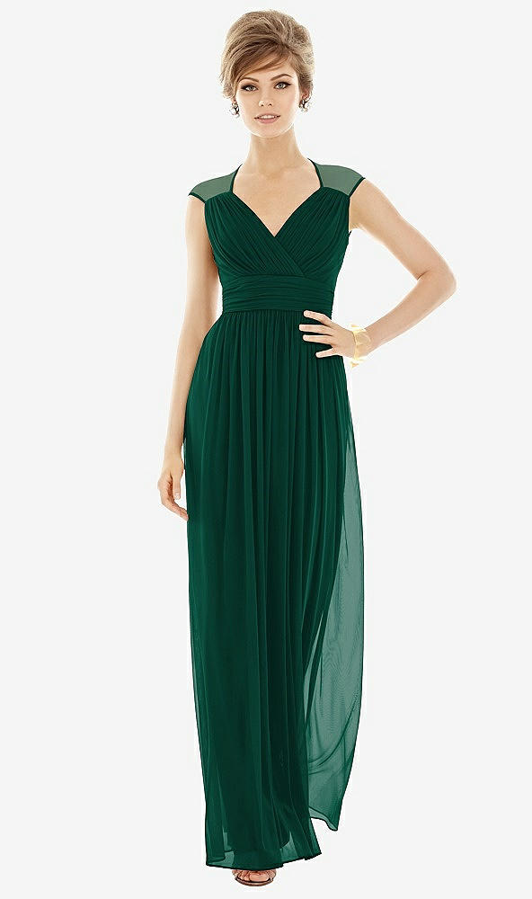 Front View - Hunter Green Chiffon Knit Cap Sleeve VNeck Maxi Dress