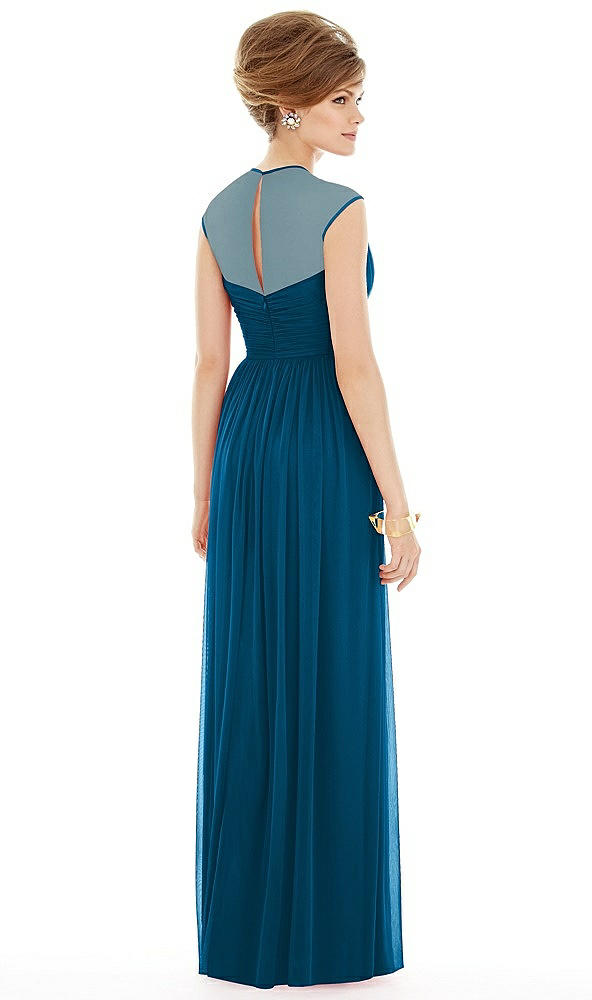 Back View - Ocean Blue Chiffon Knit Cap Sleeve VNeck Maxi Dress