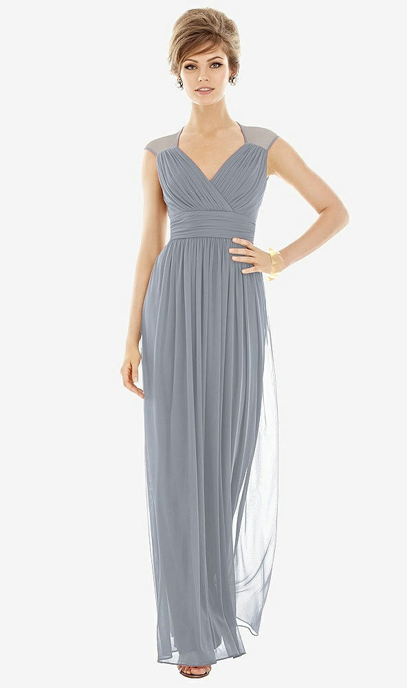 Front View - Platinum Chiffon Knit Cap Sleeve VNeck Maxi Dress