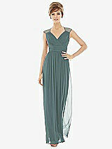 Front View Thumbnail - Smoke Blue Chiffon Knit Cap Sleeve VNeck Maxi Dress