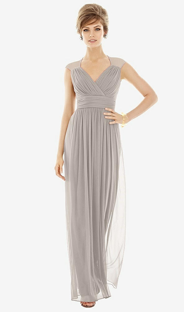 Front View - Taupe Chiffon Knit Cap Sleeve VNeck Maxi Dress