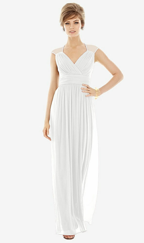 Front View - White Chiffon Knit Cap Sleeve VNeck Maxi Dress