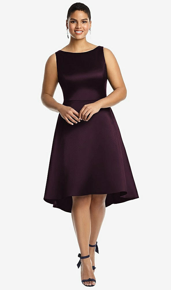 Front View - Deep Plum Bateau Neck Satin High Low Cocktail Dress
