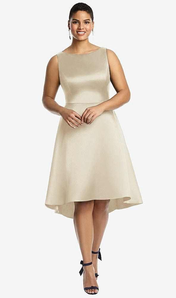 Front View - Champagne Bateau Neck Satin High Low Cocktail Dress