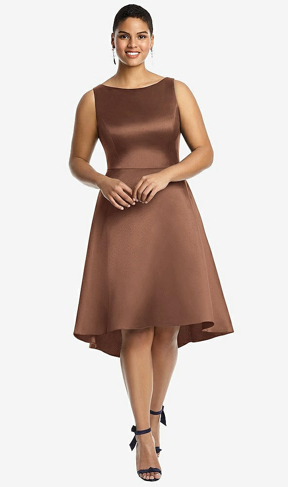 Front View - Cognac Bateau Neck Satin High Low Cocktail Dress