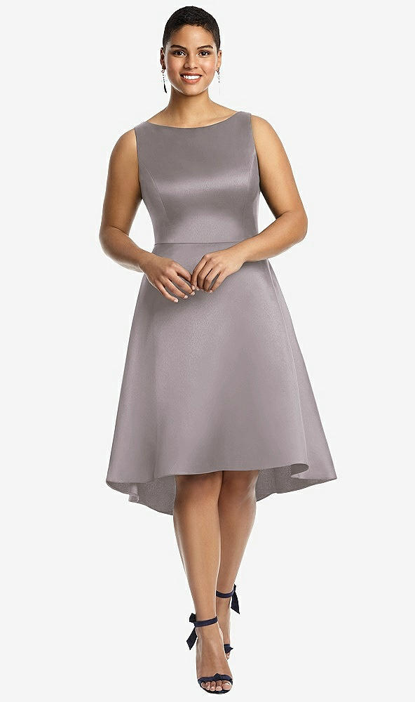 Front View - Cashmere Gray Bateau Neck Satin High Low Cocktail Dress