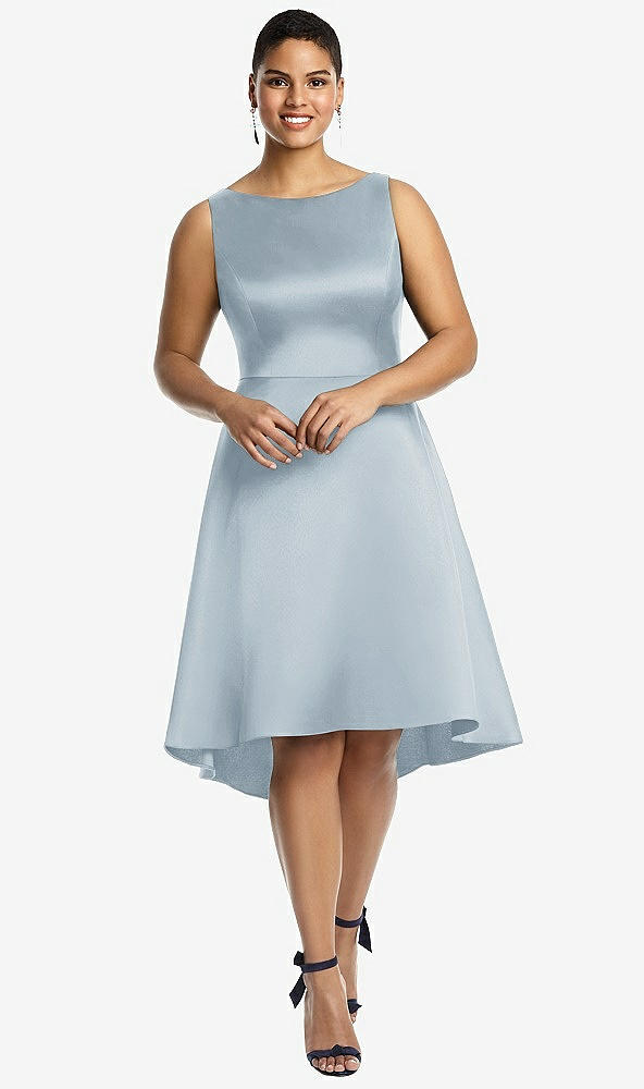 Front View - Mist Bateau Neck Satin High Low Cocktail Dress