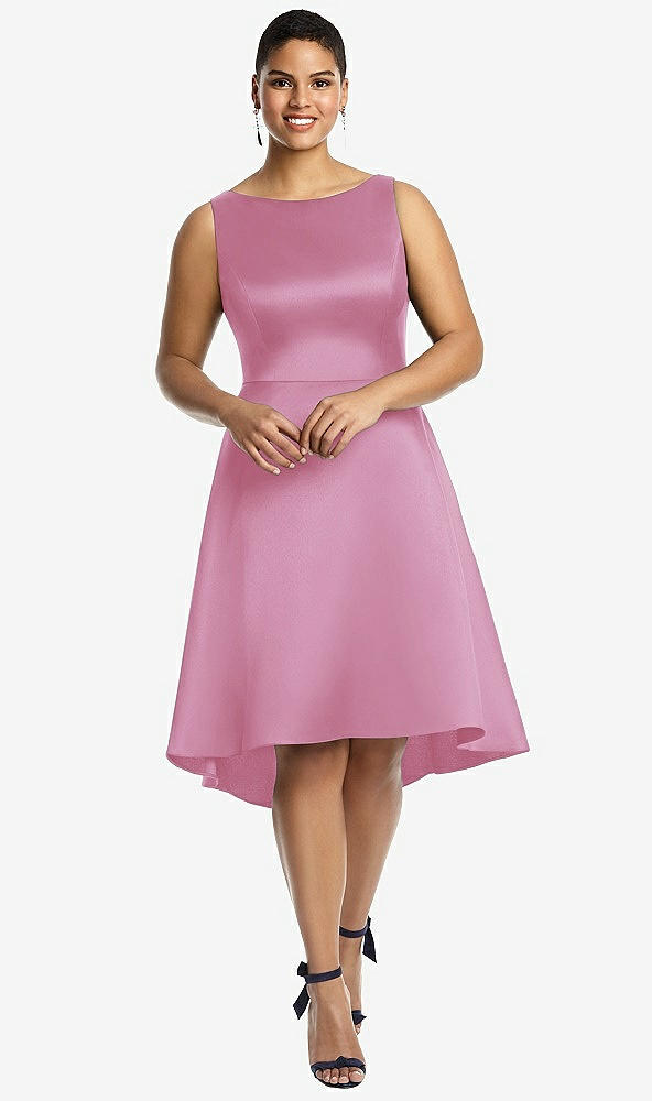Front View - Powder Pink Bateau Neck Satin High Low Cocktail Dress