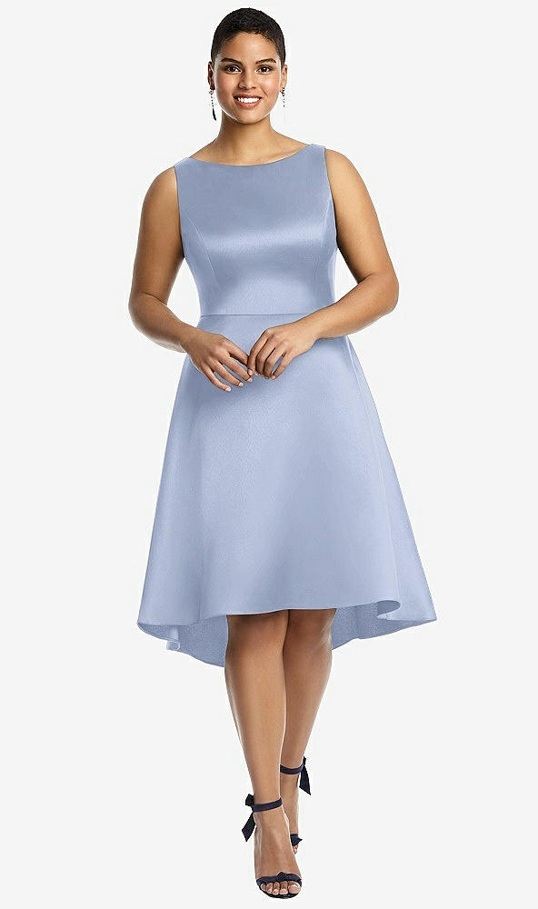 Front View - Sky Blue Bateau Neck Satin High Low Cocktail Dress