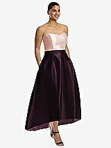 Front View Thumbnail - Deep Plum & Blush Strapless Satin High Low Dress with Pockets