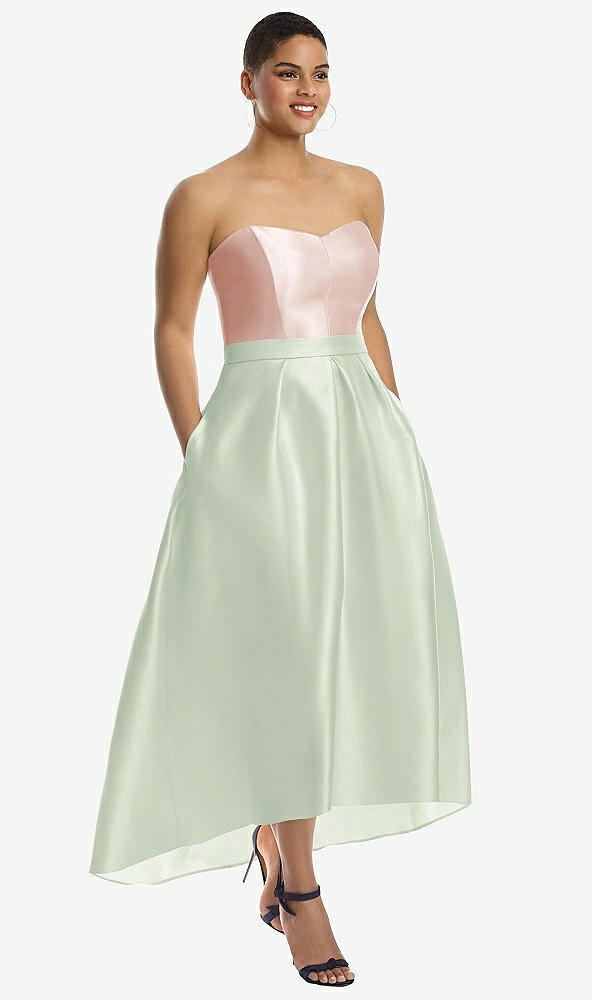 Front View - Mint Green & Blush Strapless Satin High Low Dress with Pockets