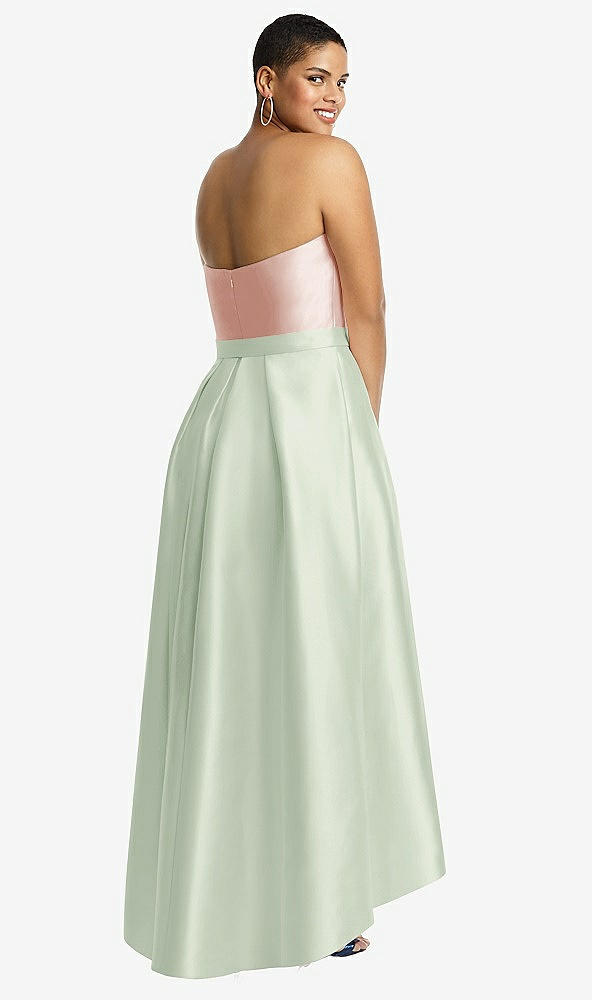 Back View - Mint Green & Blush Strapless Satin High Low Dress with Pockets