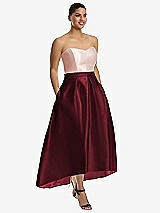 Front View Thumbnail - Cabernet & Blush Strapless Satin High Low Dress with Pockets