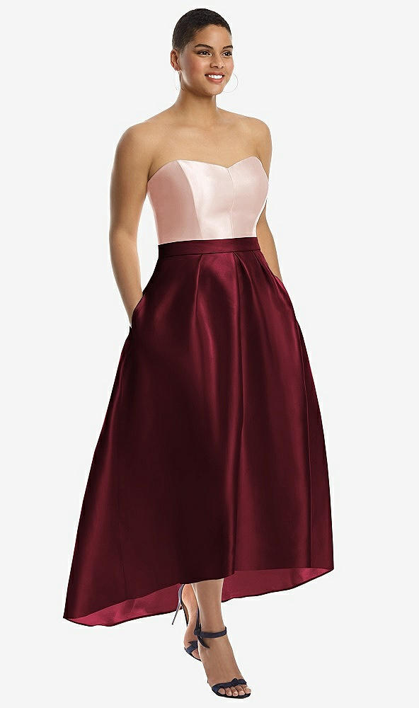 Front View - Cabernet & Blush Strapless Satin High Low Dress with Pockets