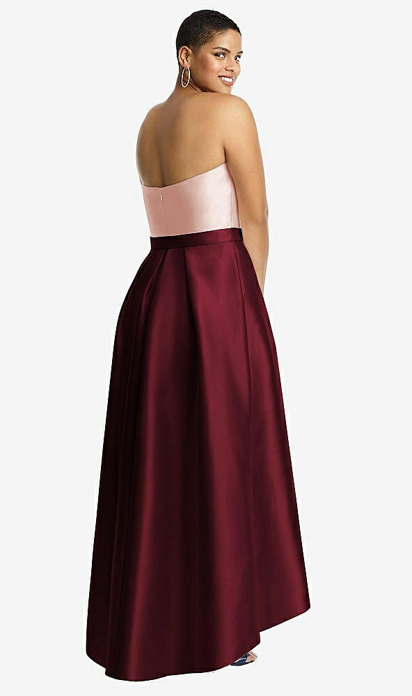 Back View - Cabernet & Blush Strapless Satin High Low Dress with Pockets