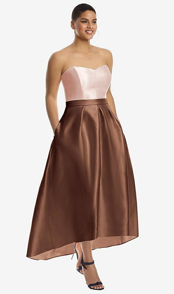 Front View - Cognac & Blush Strapless Satin High Low Dress with Pockets