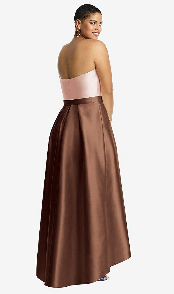 Back View - Cognac & Blush Strapless Satin High Low Dress with Pockets
