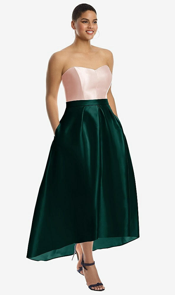 Front View - Evergreen & Blush Strapless Satin High Low Dress with Pockets