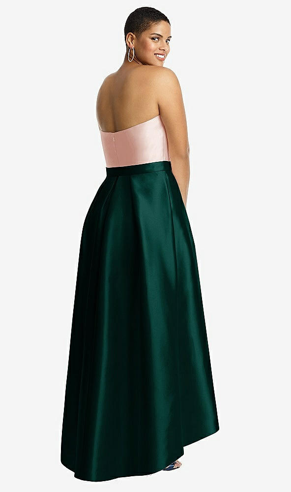 Back View - Evergreen & Blush Strapless Satin High Low Dress with Pockets