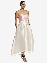 Front View Thumbnail - Ivory & Blush Strapless Satin High Low Dress with Pockets