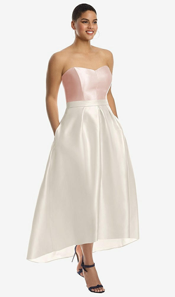 Front View - Ivory & Blush Strapless Satin High Low Dress with Pockets