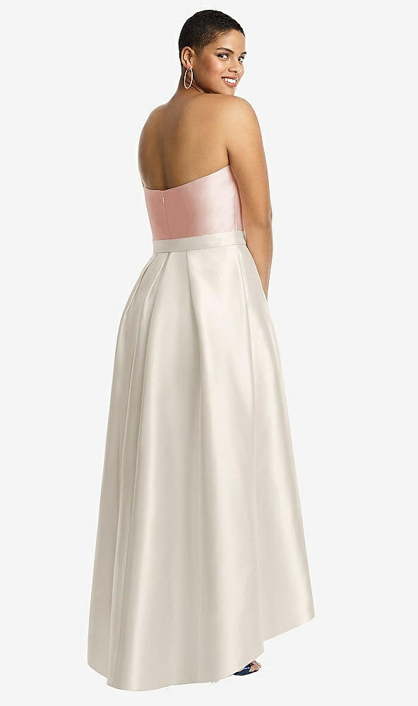 Back View - Ivory & Blush Strapless Satin High Low Dress with Pockets