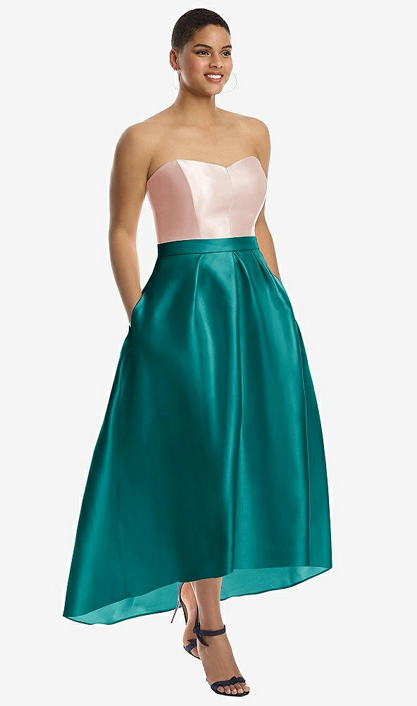 Front View - Jade & Blush Strapless Satin High Low Dress with Pockets