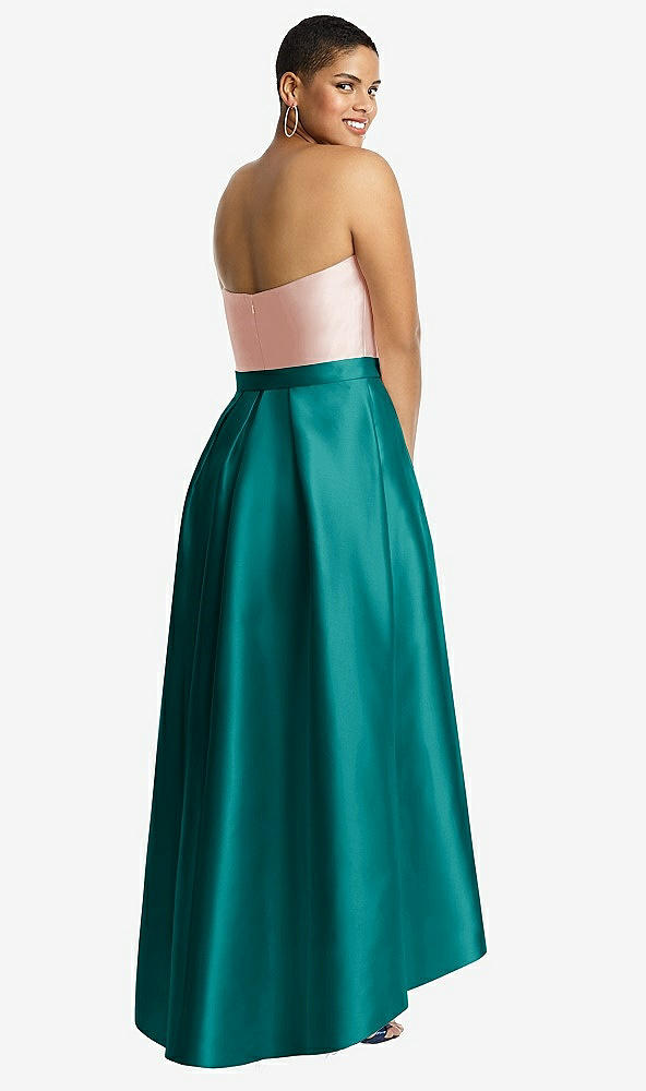 Back View - Jade & Blush Strapless Satin High Low Dress with Pockets