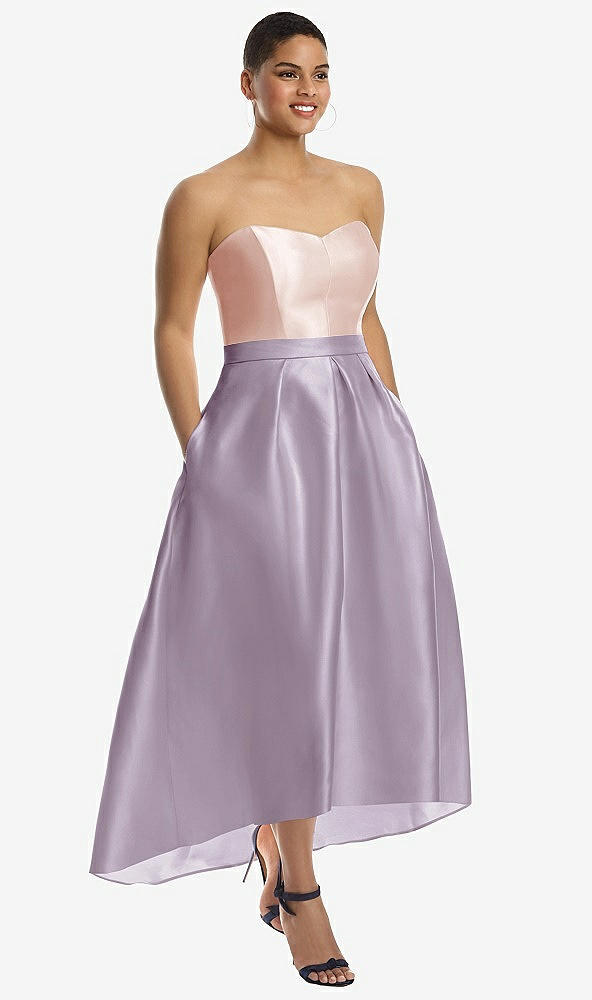 Front View - Lilac Haze & Blush Strapless Satin High Low Dress with Pockets