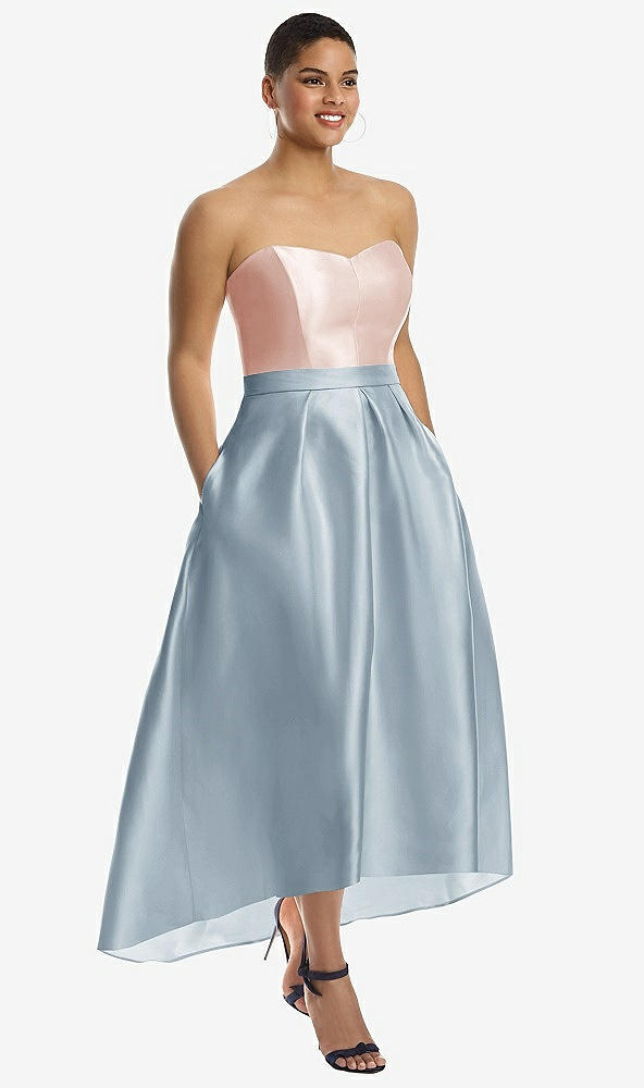 Front View - Mist & Blush Strapless Satin High Low Dress with Pockets