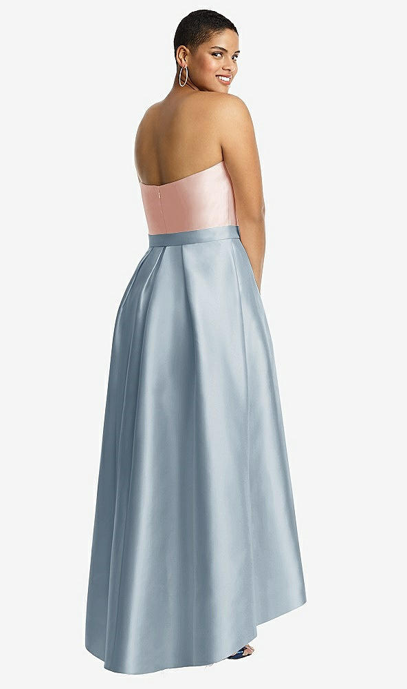 Back View - Mist & Blush Strapless Satin High Low Dress with Pockets