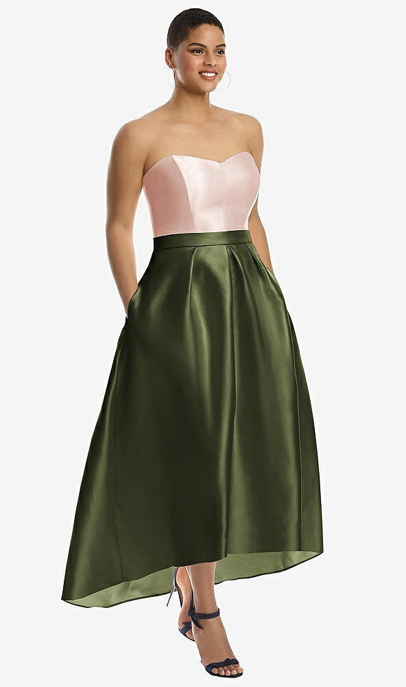 Front View - Olive Green & Blush Strapless Satin High Low Dress with Pockets