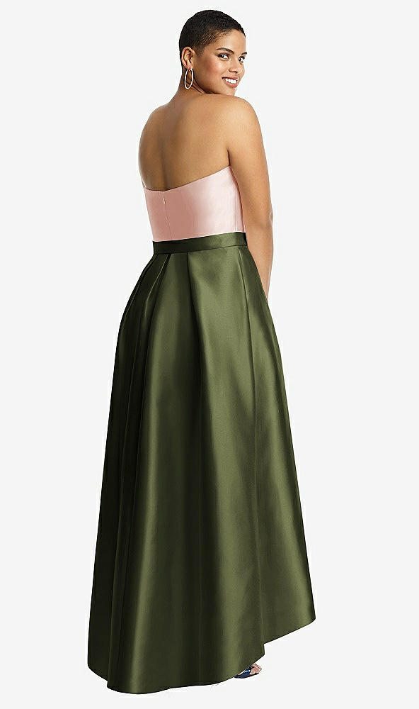 Back View - Olive Green & Blush Strapless Satin High Low Dress with Pockets