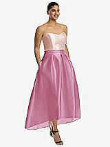Front View Thumbnail - Powder Pink & Blush Strapless Satin High Low Dress with Pockets