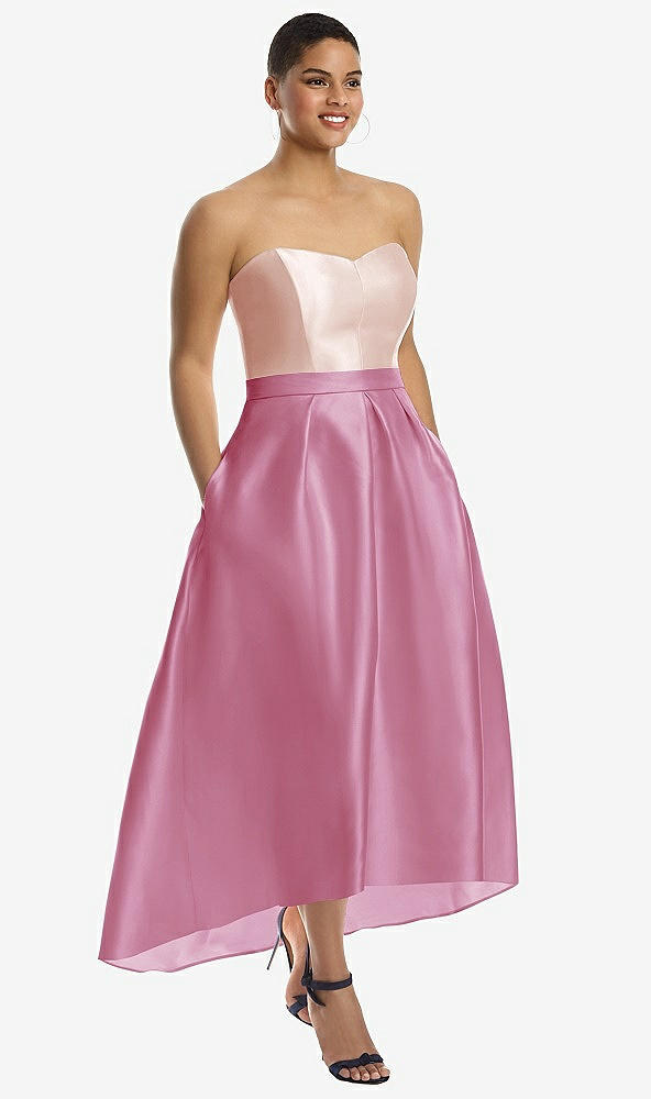 Front View - Powder Pink & Blush Strapless Satin High Low Dress with Pockets