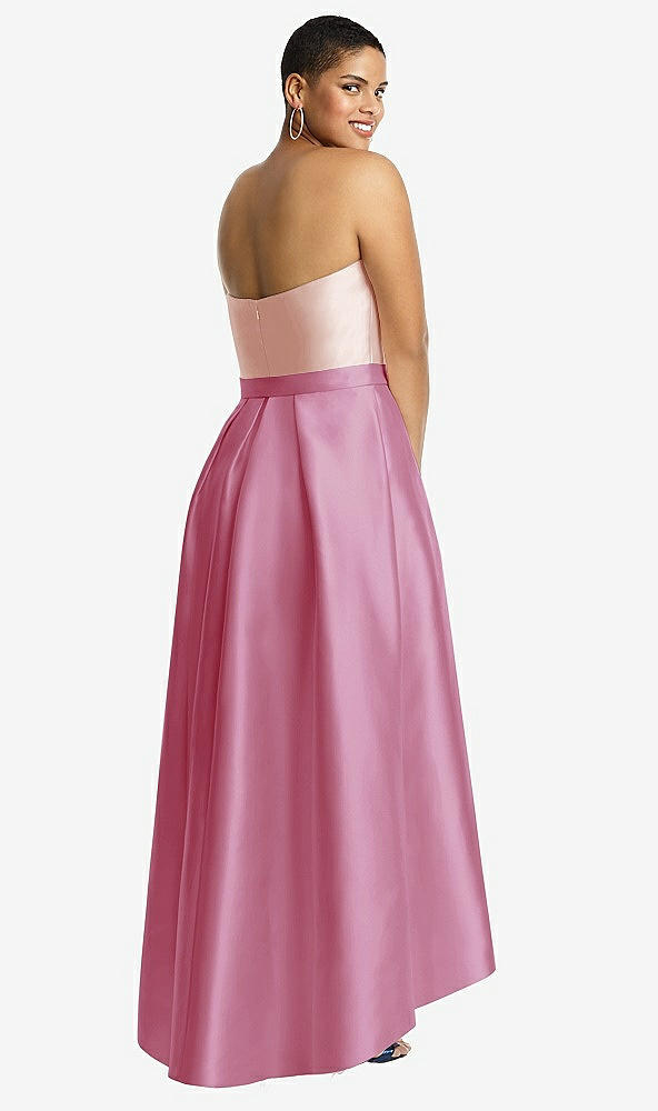 Back View - Powder Pink & Blush Strapless Satin High Low Dress with Pockets