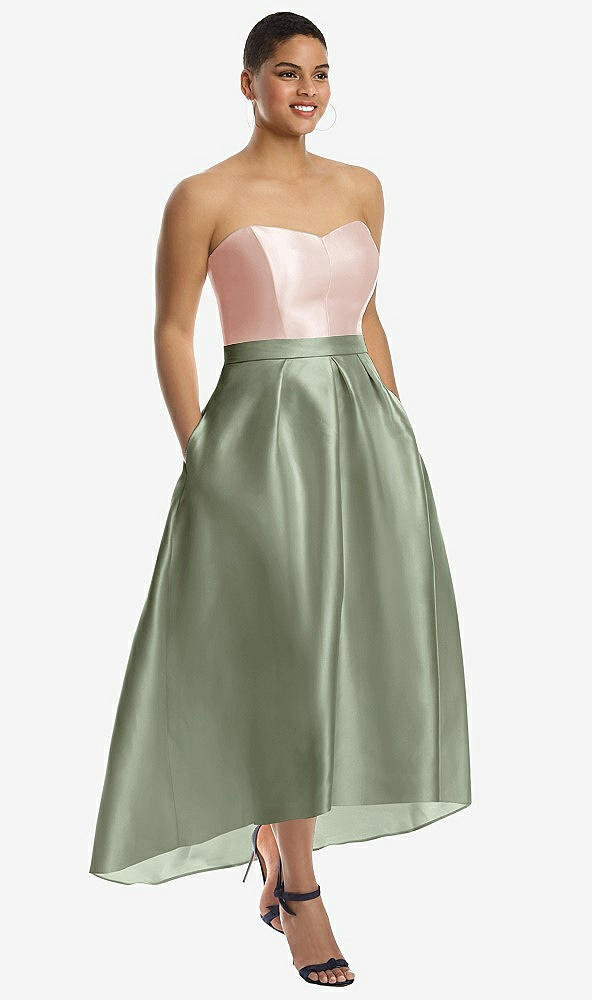 Front View - Sage & Blush Strapless Satin High Low Dress with Pockets