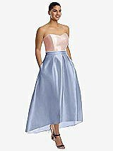 Front View Thumbnail - Sky Blue & Blush Strapless Satin High Low Dress with Pockets