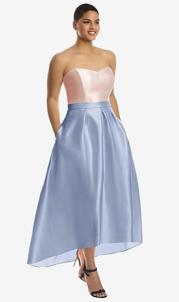 Front View - Sky Blue & Blush Strapless Satin High Low Dress with Pockets