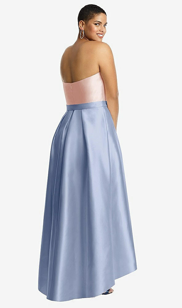 Back View - Sky Blue & Blush Strapless Satin High Low Dress with Pockets