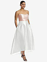Front View Thumbnail - White & Blush Strapless Satin High Low Dress with Pockets