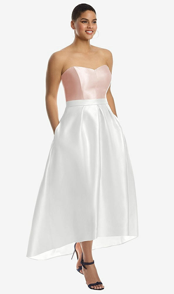 Front View - White & Blush Strapless Satin High Low Dress with Pockets