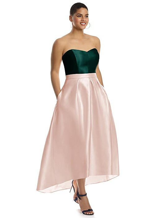 Strapless Satin High Low Dress with Pockets
