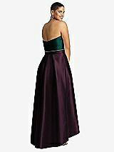 Rear View Thumbnail - Deep Plum & Evergreen Strapless Satin High Low Dress with Pockets