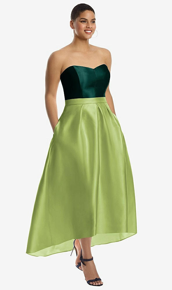 Front View - Mojito & Evergreen Strapless Satin High Low Dress with Pockets