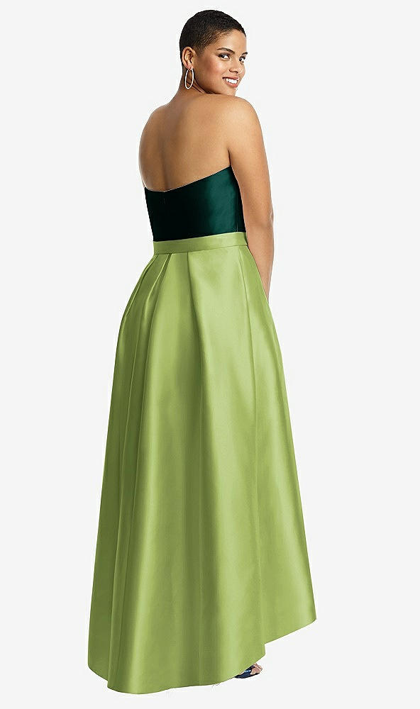 Back View - Mojito & Evergreen Strapless Satin High Low Dress with Pockets