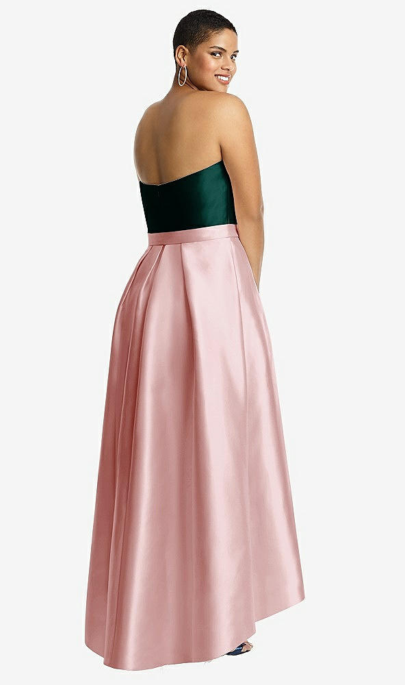 Back View - Ballet Pink & Evergreen Strapless Satin High Low Dress with Pockets