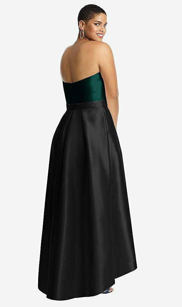 Back View - Black & Evergreen Strapless Satin High Low Dress with Pockets