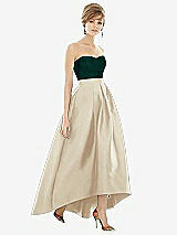 Alt View 1 Thumbnail - Champagne & Evergreen Strapless Satin High Low Dress with Pockets