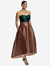 Front View Thumbnail - Cognac & Evergreen Strapless Satin High Low Dress with Pockets
